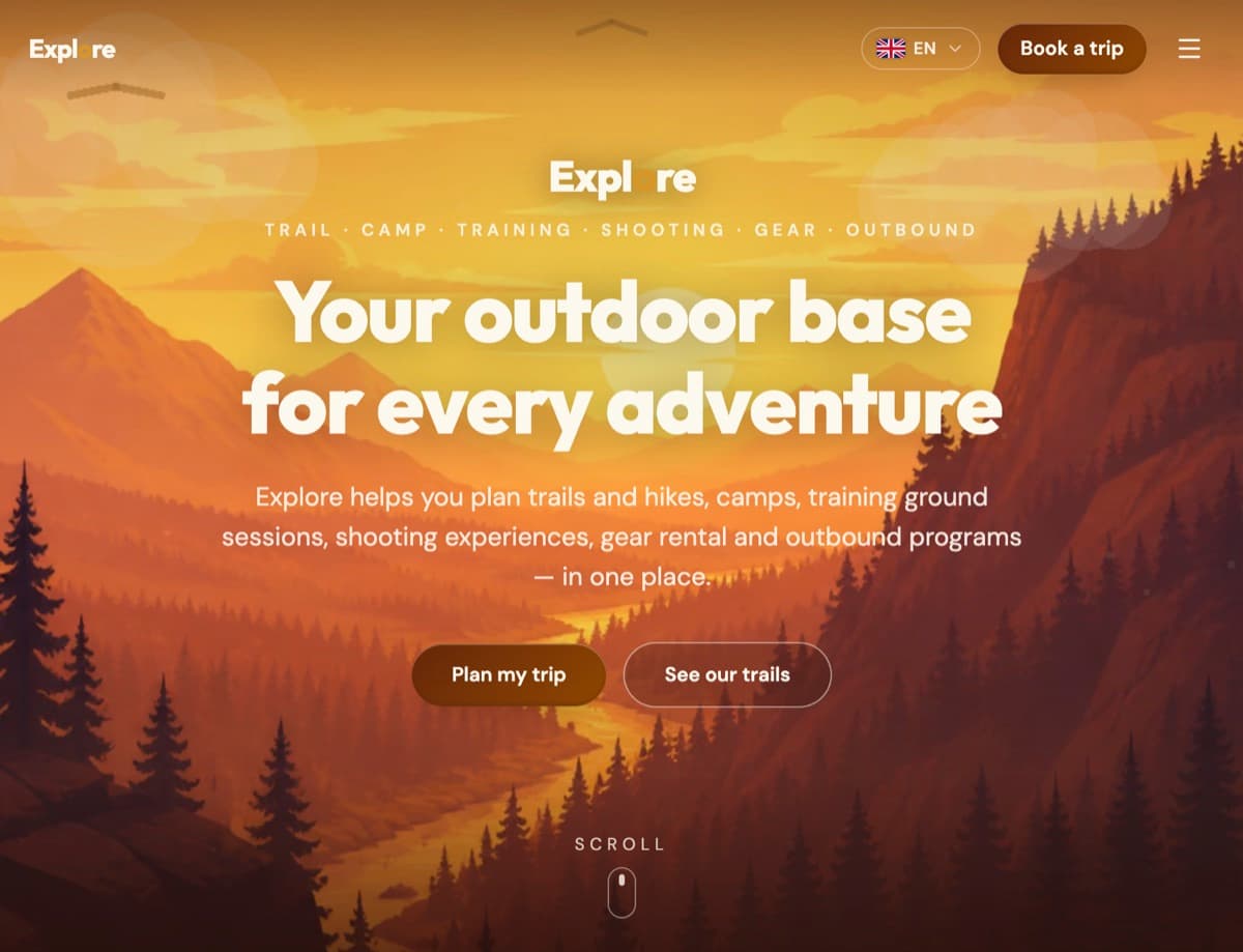 Explore Outdoor homepage — outdoor base for trails, camp, and trips